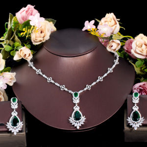 SEQUITO Vòng Cổ Mạ Vàng Trắng Mặt Dây Chuyền Giọt Nước Cao Cấp Bộ Bông Tai Đá Xanh Lá AAAAA Đá Cubic Zirconia Pha Lê Quý Phái Cho Nữ Tiệc Cưới Bộ Trang Sức Dành Cho Cô Dâu SJ285