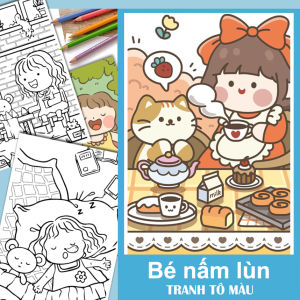 Bộ tranh tô màu "Nấm Lùn ham ăn" khổ giấy A5 dày kèm Tranh mẫu