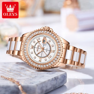 OLEVS 3685 Fashion Quartz Women Watch Gift Round-dial Ceramic Watchband Wristwatch Calendar Luminous