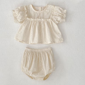 Summer Fashion Plaid Bubble Sleeve Baby Set