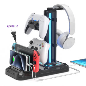 Headset Stand with Phone Holder Detachable Controller Holder with 9 Light Mode Rotatable Headphone Hanger with USB Charging Port