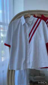 NANDO KEMEJA WANITA BAHAN KATUN POPLIN LIST TRENDY LENGAN PENDEK IMPORT 8271