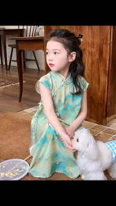 BE197 Set bộ áo dài cách tân tơ lụa sơn thuỷ SOFIA quần áo cho bé gái Tết Trung Thu