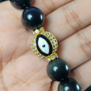 Black Obsidian Stone 100% Original Premium Quality with Evil Eye Rhinestones 12mm Round Lucky Charm Bracelet
