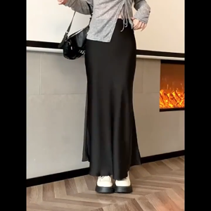 Women Elegant Plain Basic Skirt Long Dress Fish Tail Smooth Slim Elastic Gaun Wanita T-052