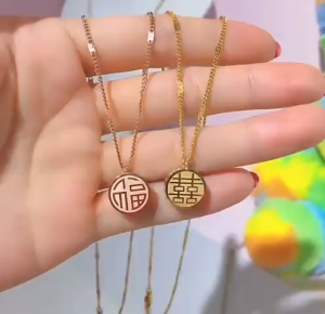 Kalung Titanium Rose Gold Wanita Anti Karat Liontin Koin  hokian