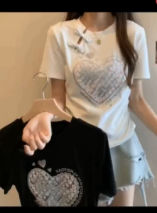 Chinese style buttoned heart short-sleeved T-shirt for women in summer with large size irregular tops