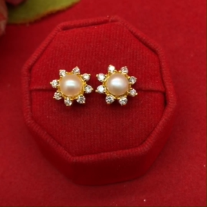 ต่างหูทองปักก้าน ต่างหูไข่มุกแท้ล้อมเพชร (มุกน้ำจืด) ขนาด 1x1cm เกรดพรีเมี่ยม เสริมบารมี งานสวย สไตล์มินิมอล พร้อมส่ง