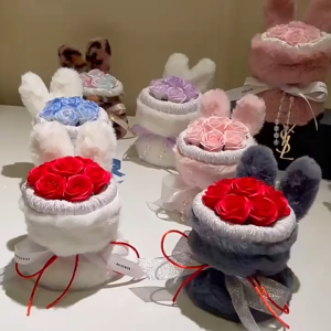 (Ready Stock) Rabbit Ears Plush Shape Artificial Soap Rose Flowers Bouquet for Wedding Valentines Mothers Day Girlfriend Birthday