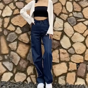 Celana Setelan Celana Panjang Setelan Bergaris Lebar Pinggang Tinggi Longgar Celana Panjang Baru