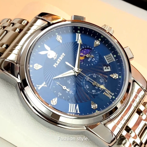 PLAYBOY นาฬิกาผู้ชายออกกำลังกายกันน้ำนาฬิกาควอทซ์หน้าปัดนาฬิกามัลติฟังก์ชั่นใหม่แสงกลางคืนหน้าปัดทำจากสแตนเลส Mens watch