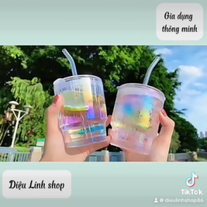 Ly thủy tinh cầu vồng ly thủy tinh đẹp cao cấp Ly Thủy Tinh 2 Tầng Cốc Uống Nước 400ml Kèm Ống Hút Có Nắp Phong Cách Hàn Quốc Tramanhshop