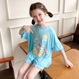 1-12 Years Children Girls Short-Sleeved Kuromi Pyjamas Kids Girl Shirt Pants Baju Tidur Budak Perempuan Pajamas Home Outfit Baju Anak Perempuan