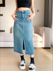 Plus Size~Long skirt palda for woman MIDI mango Women korean Washed slit Denim Skirt High Waist Long A-line summer mid-length retro hot Skirt NEW 2024