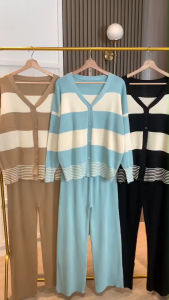 SET7339 Biggy Stripes Cardigan Pants Knit Set
