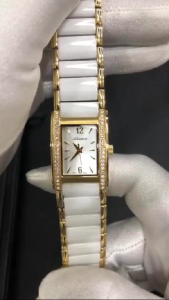 ADRIATICA Swiss Made Elegant Watches Rectangle Gold White Swarovski Case Womens Ceramic Band Watch 22mm A3398.D153QZ