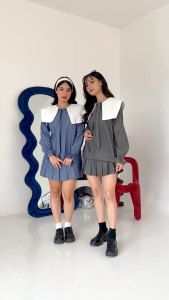 Blus Kerah Rebah Kotak Stripe Clara: Blus Murah & Premium