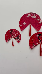 Set Quạt Bán Nguyệt Quạt Mặt Lân Quạt Giấy Đỏ Trang Trí Trung Thu Tết Cổ Truyền - Set 6 Chiếc