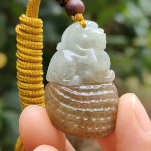 Quality Yellow with Light Green Hue Natural Type A Jadeite Jade crafted with Lion as Pendant certificate weighs 17.82 grams measurement 38 * 24 * 11.6 mm (pendant241)