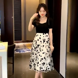 🌟CORE🌟dresses women new style 2025 Summer Patchwork Printed Dress Women Short Sleeved A-line Dress Casual Midi Dress