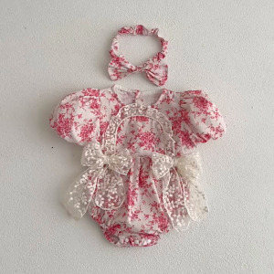 Romper Dress Anak Bonus Bandana Baju Bayi Cewek Baby Girl Jumper Motif Bunga Merah Muda Free Bando