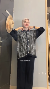 Rani Knitwear Cardigan Rajut Kancing Premium Motif Kotak-Kotak Wanita Lengan 3/4