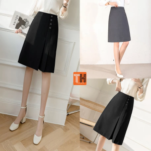 Chân váy chữ A dài xếp ly phối nút thanh lịch - S05