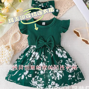 Baby Girl Sweet Bow Flying Sleeve Dress Set Girls Ins Style Summer Baby Hundred Days Princess Dresses