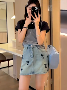 GHAOHES กระโปรงทรงเอ /S-3XL/ โบว์เย็บปักถักร้อย สาวอวบ เอวสูง ผ้าไม่ยืด กระโปรงขาสั้น