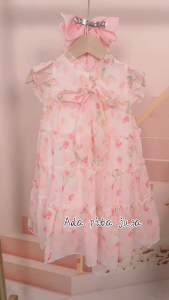 Dress Anak Perempuan Peach Flower Renda Pita Belakang Tanpa Lengan Fashion