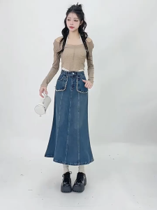 Jumbo rok jeans wanita panjang Rok Span Korean Style bigesize rok Midi Skirt Kekinian (real picture)