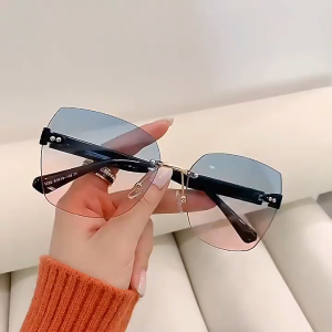 Perempuan Kaca Matahari Rimless Ocean Lens Irregular Frame UV Protection