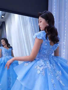 GAUN WEDDING / GAUN PERNIKAHAN WANITA / DRESS MEWAH V NECK BALLGOWN / DRESS PERNIKAHAN BUNGA BIRU APLIKASI