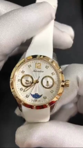 ADRIATICA Swiss Made Multifunction Moonphase Watches Gold Case Swarovski Womens Silicone Strap Watch 35mm A3698.2273QFZ