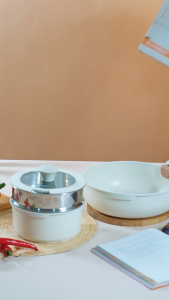 MAYBA FORTUNE 6 PC Panci Set GAGANG LEPAS PASANG Peralatan Masak Anti Lengket White Granit 6 Buah DEEP WOK 26CM fry pan 20cm SAUCE PAN 18CM BONUS STEAMER TUTUP KACA