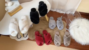 Solid color rabbit fur korean fashion intersect plush slippers for women‘s indoor versatile slipper