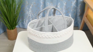 Woven Cotton Baby Diaper Caddy Organizer Bag Hand-Held Baby Bag Organizer Long Handles Storage Basket Foldable Mommy Bag
