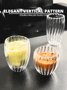Aesthetic Stripe Design Double Wall Glass Drinking Cup Hot-Cold Resistant Borosilicate Drinkware Coffee Juice Water Mug