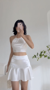 Set Chân Váy Xòe và Áo Cổ Yếm Croptop Thắt nơ FILILO Vải Lụa Form chuẩn Thiết kế Cao cấp