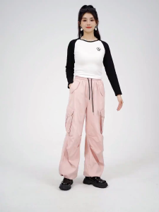 Wanita Gaya Korea Multi-Saku Retro Pinggang Tinggi Celana Kargo Spice Girl Dance Longgar Lurus Celana Kargo