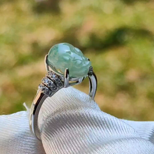 Icy Light Green with green patches Natural Type A Jadeite Jade crafted as Pixiu set on S925 adjustable as Ring with certificate weigh 2.68 grams measurement 10.5 * 7.7 * 4.6 mm (s925ring7)