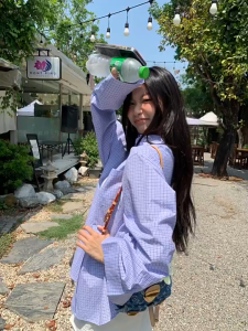 ❣Fortunee ❣เสื้อคลุมกันแดดสีฟ้าสดใส เสื้อเชิ้ตลายสก็อต คอปก แขนยาว รุ่นยอดฮิต ทรงคลาสสิค ผ้าไม่หนามาก ผ้าใส่สบาย