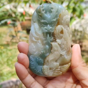 Light Green and Yellow Natural Type A Jadeite Jade Crafted with Dragon and Pheonix as Pendant Certificate weigh 96.95 grams measurement 90.2 * 55.7 * 11.5 mm (pendant222)