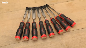 Ronix RH-7106 (6mm) | RH-7109 (9mm) | RH-7112 (12mm) | RH-7114 (14mm) | RH-7116 (16mm) | RH-7119 (19mm) | RH-7122 (22mm) | RH-7125 (25mm) Wood Chisel Set - High-Chrome Carbon Steel | Bevel Edge | TPR Handle | Steel Butt | Carpentry | Carving | Woodworking