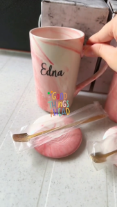 Marble Mug Customised Gift Pink Marble Ceramic coffee cup with stirrer spoon and marble lid graduation office colleagues farewell wedding favor bridesmaid anniversary teachers day birthday personalised personalized customized gift