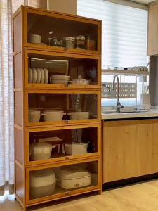 Bamboo Display Cabinet 4/5Layers Figure Display Transparent Acrylic Glass Living Room Wood Bookshelf Cabinet Book Shelf Rack Bookcase 展示柜 书柜