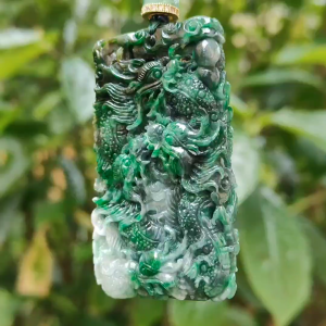 Lots of Green with Wuji carved as nine dragons Natural Type A Jadeite pendant with certificate weight 45.16 grams 60.30 * 35.30 * 9.90 mm suitable for daily wear (pendant120)