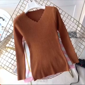 AN-1058 Korean V Neck Knitted Blouse Top Long Sleeve Casual Womens Top