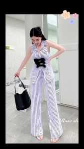 B20929 Set 2 ชิ้น เสื้อคอปกแขนกุด โบว์หน้า + กางเกงขาม้า Set of 2 pieces: sleeveless collared shirt with front bow + horse pants