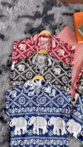 P20551 Set 2 ชิ้น เสื้อเชิ้ตแขนเบิ้ลลายช้าง + กางเกงขาสั้นลายช้าง เสื้อสงกรานต์ กางเกงช้าง